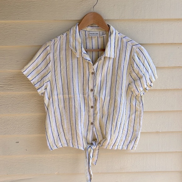 Rachel Zoe Tops - Rachel zoe 100% Linen Striped Button up Top w/ Tie Waist Sz M